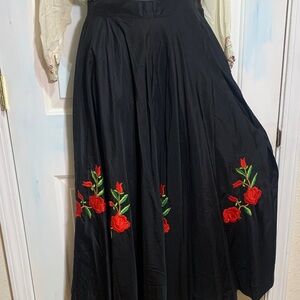 Elegant Black Skirt with Red Floral Embroidery